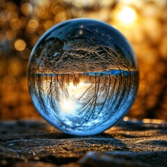 glass orb on rocky surface reflecting sunset trees and sky for use in nature, landscape, and creative projects
