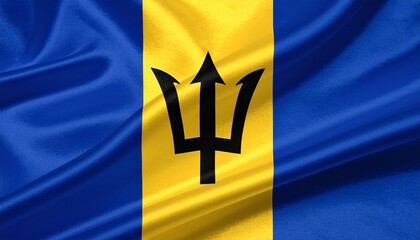 Barbados national flag with blue-gold vertical bands and black broken trident, symbolizing sea heritage and independence.