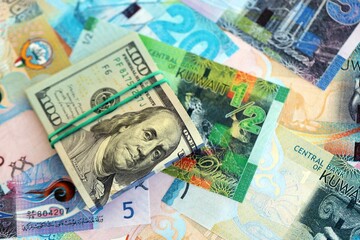 Kuwaiti dinar currency money bills and bunch of us dollar banknotes. Concept of currency exchange