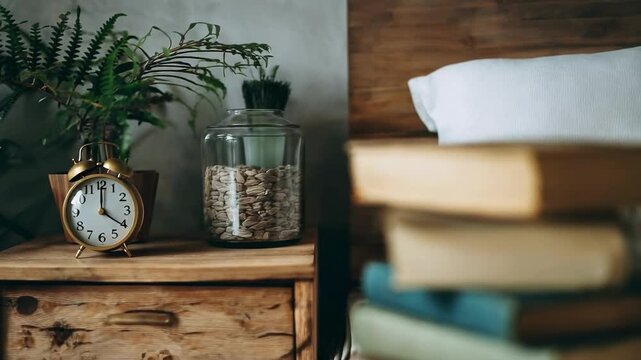 Cozy bedroom scene with a stack of vintage books on a bed, a wooden nightstand with a small clock, plant, and a glass jar.