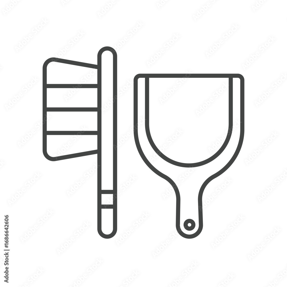 Poster a linear drawing shows a brush and a dustpan positioned next to each other. editable stroke. icon ve