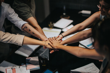 A group of coworkers join hands above a workspace, symbolizing unity and collaboration. The setting...