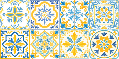 Yellow blue tiles azulejo set vector illustration. Italian majolica seamless pattern for fabric and wallpaper. Mediterranean print