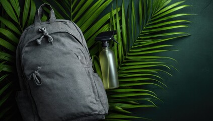 Gray backpack and spray bottle on tropical leaves