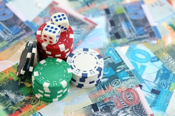 Kuwaiti dinar currency money bills and casino chips with dice. The concept of gambling and casino