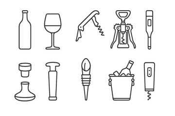 Wine accessories line icon set. Vector outline pictograms for winery, bar, or restaurant. Sommelier equipment collection with bottle, glass, corkscrew, opener, and aerator.