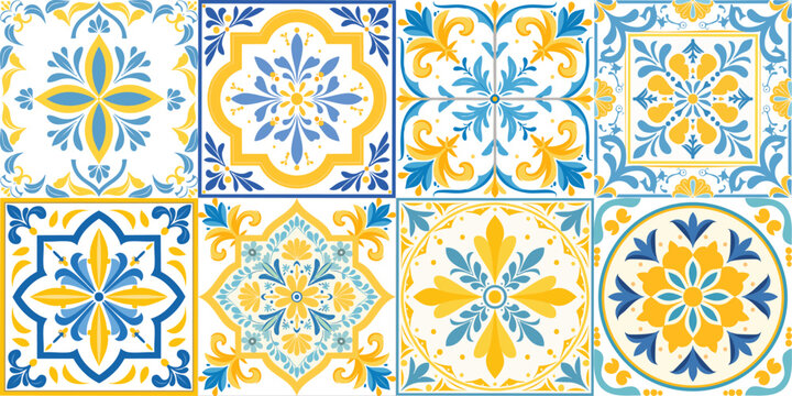 Yellow blue tiles azulejo set vector illustration. Italian majolica seamless pattern for fabric and wallpaper. Mediterranean print