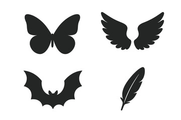 Wing silhouette icon set with butterfly, angel, bat, and feather shapes. Vector graphic collection of black isolated wings for creative design projects. Fly concept symbols.