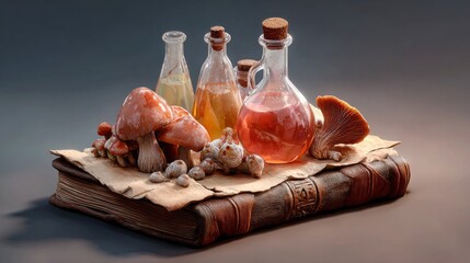 Obraz premium Witch's shelf showcasing enchanting glowing bottles and mystical mushrooms in a dimly lit setting