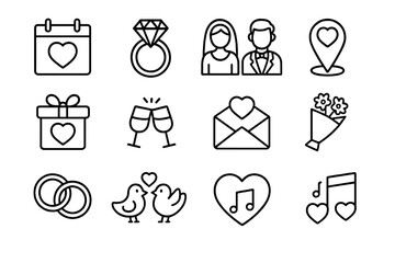 Wedding and Valentine's Day outline icon set. Love and romance linear symbols for marriage celebration. Vector icons: couple, ring, heart, gift, lovebirds, music notes.