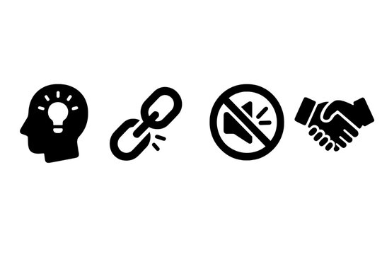 Stigma Reduction Icons Set, Solid Filled Vector Symbols Representing Mental Health Awareness, Broken Chain, Open Mind, Silence Symbol, and Handshake for Social Change and Inclusion Concepts