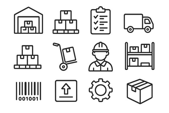 Warehouse and logistics icon set, storage and equipment management vector collection, linear style symbols for supply chain, inventory, shipping, packaging, and transportation elements