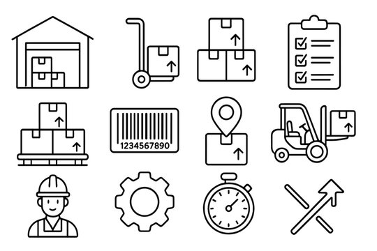Warehouse and logistics line icon set, storage and equipment management linear collection, vector cartoon illustrations with transparent background, ordered icons for industry and supply chain - Powered by Adobe