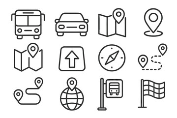 Transportation and Navigation Icon Set, Travel Maps and Transit Vector Collection, Line Art Cartoon Illustrations with Transparent Background, Ordered Design Set for Travel and Transit