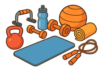 Fitness equipment and sport accessories for home workout. Vector cartoon illustration set with dumbbell, kettlebell, mat, jump rope, stability ball. Healthy lifestyle concept.