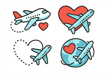 Travel love icon set with airplane and heart symbols. Vector cartoon illustration for romance, honeymoon or valentine's day. Flight path forms a heart. Plane flies over a heart and the globe.