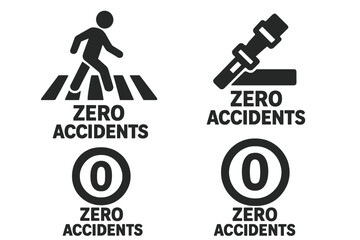 Zero accidents icons set with pedestrian crosswalk, seatbelt safety, and speed limit symbols. Solid filled vector illustration for transport safety and traffic awareness concepts