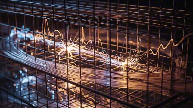 Wires of light travel across a gridlike structure with some running parallel and others branching out in sharp peaks