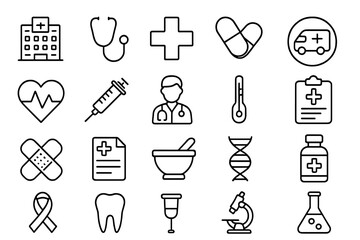 Healthcare medical line icon set. Medicine and hospital outline icons. Clinic, pharmacy, laboratory symbols. Doctor, ambulance, dna, heart, and dental signs. Vector illustration.