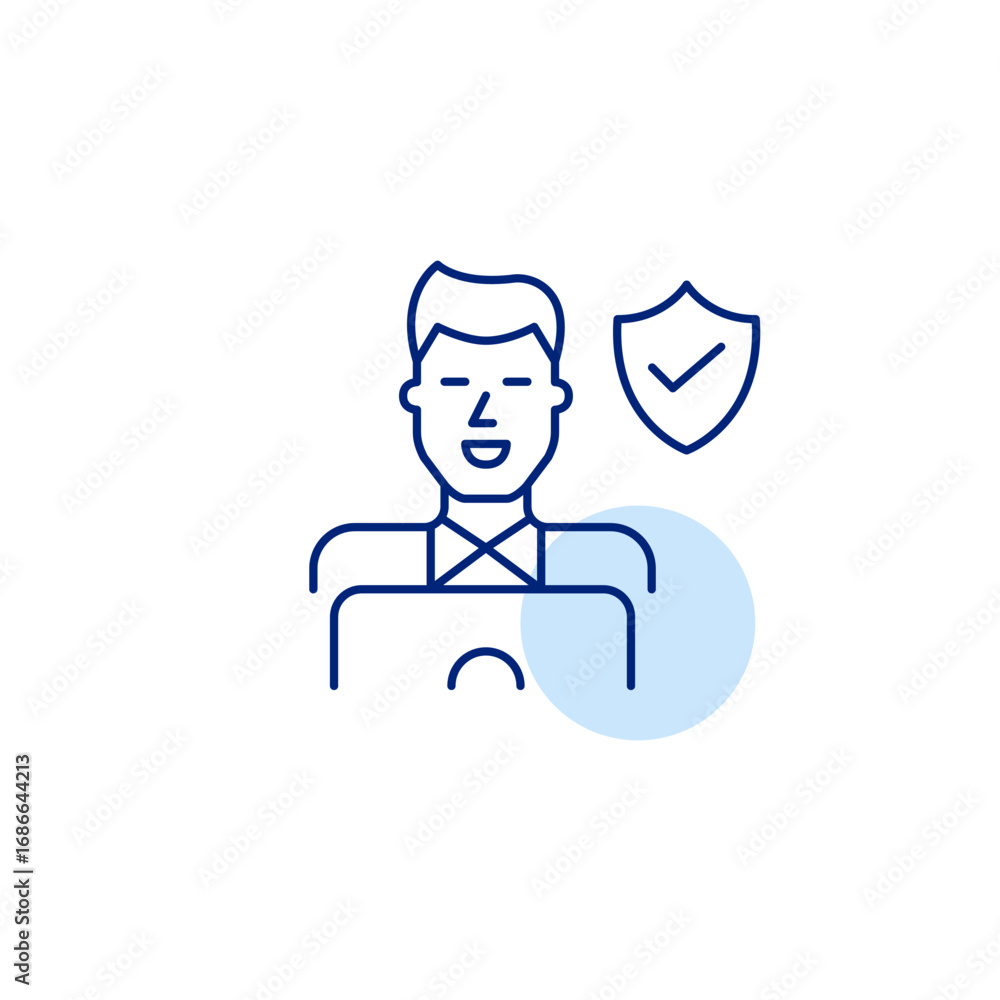 Poster man working at laptop, shield and checkmark. cybersecurity assurance, safe data handling, authentica