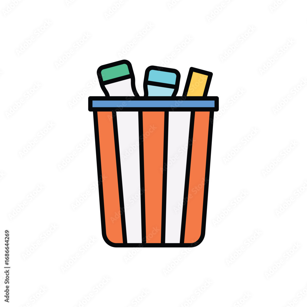 Aufkleber a trash bin icon with orange and white stripes blue trim and colorful objects inside. editable strok