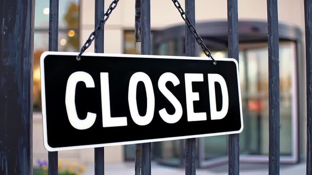 Closed business sign hanging on gate represents economic downturn or temporary shutdown