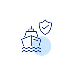 Cruise ship, shield and checkmark. Approved vacation, protected trip, certified travel standards, safe trip. Pixel perfect, editable stroke vector icon