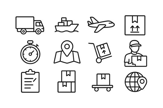 Logistics and delivery service line icon set. Transport, shipping, and courier outline collection. Vector icons for freight, cargo, supply chain, distribution, e-commerce. - Powered by Adobe
