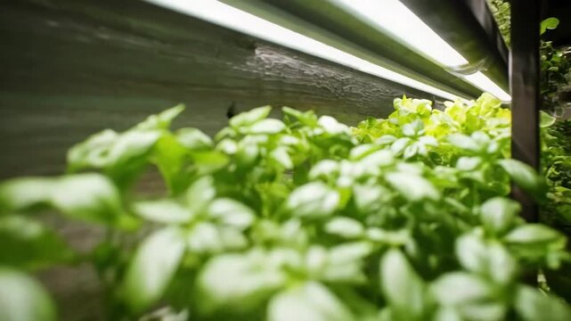 Indoor vertical hydroponic farm with rows of leafy herbs on illuminated shelves (likely basil).