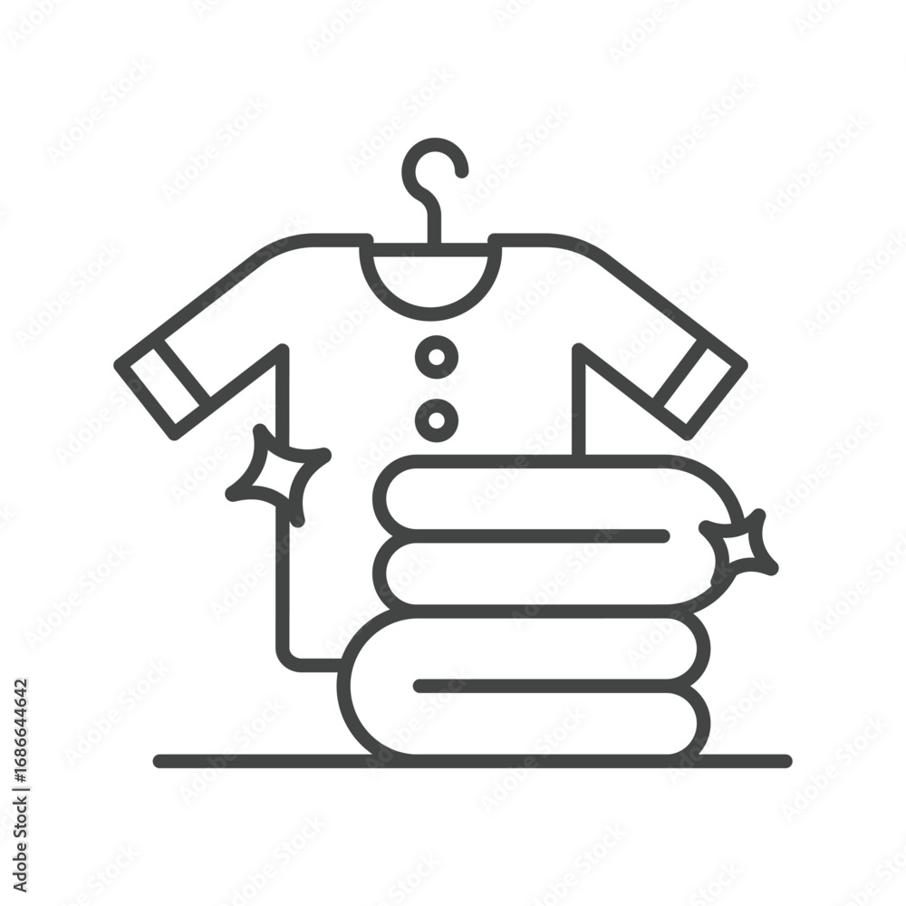 Poster a shirt on a hanger two buttons and a stack of folded textiles. editable stroke. icon vector illustr