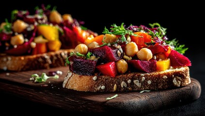 Colorful Beet and Chickpea Toasts on Wooden Board.