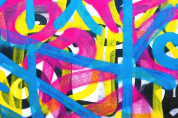 Vibrant street art graffiti with bold blue, pink, yellow layers. Modern Y2K, 2000s style, funky abstract design. Posters, digital backgrounds, urban visuals, contemporary art displays.