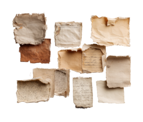 Fragmented antique documents, various colors and textures.  Torn paper pieces, exhibiting different writing styles and dates.  Arranged in a grid layout,  isolated on a plain background