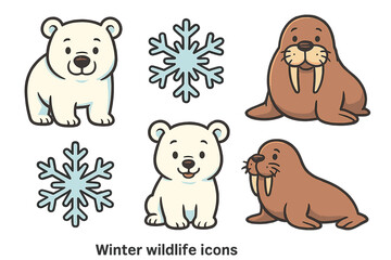 Winter wildlife icons with cute polar bears, walruses, and snowflakes in playful cartoon style for educational and kids&rsquo; vector illustrations, transparent background