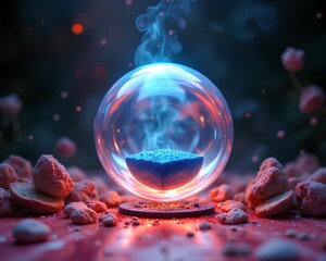 A crystal ball containing a glowing blue crystalline substance levitates, emitting magical smoke, over a red surface with scattered rocks in a dark setting.
