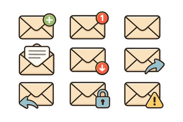 Set of Various Envelope Icons Representing Different Email Actions and Functions in Simple Vector Cartoon Style with Transparent Background, Organized Collection for UI and Communication Design