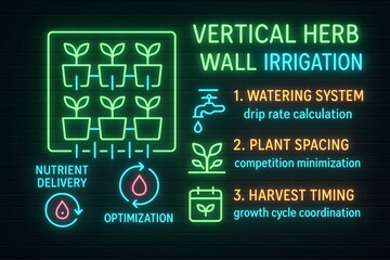 Vertical Herb Wall Infographic with Irrigation System and Plant Selection for Small Space Gardening