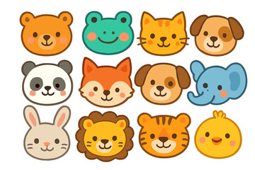Set of cute animal faces. Cartoon vector collection for kids. Kawaii bear, fox, cat, dog, lion, tiger, panda head icons. Nursery decoration, baby shower elements. Isolated.