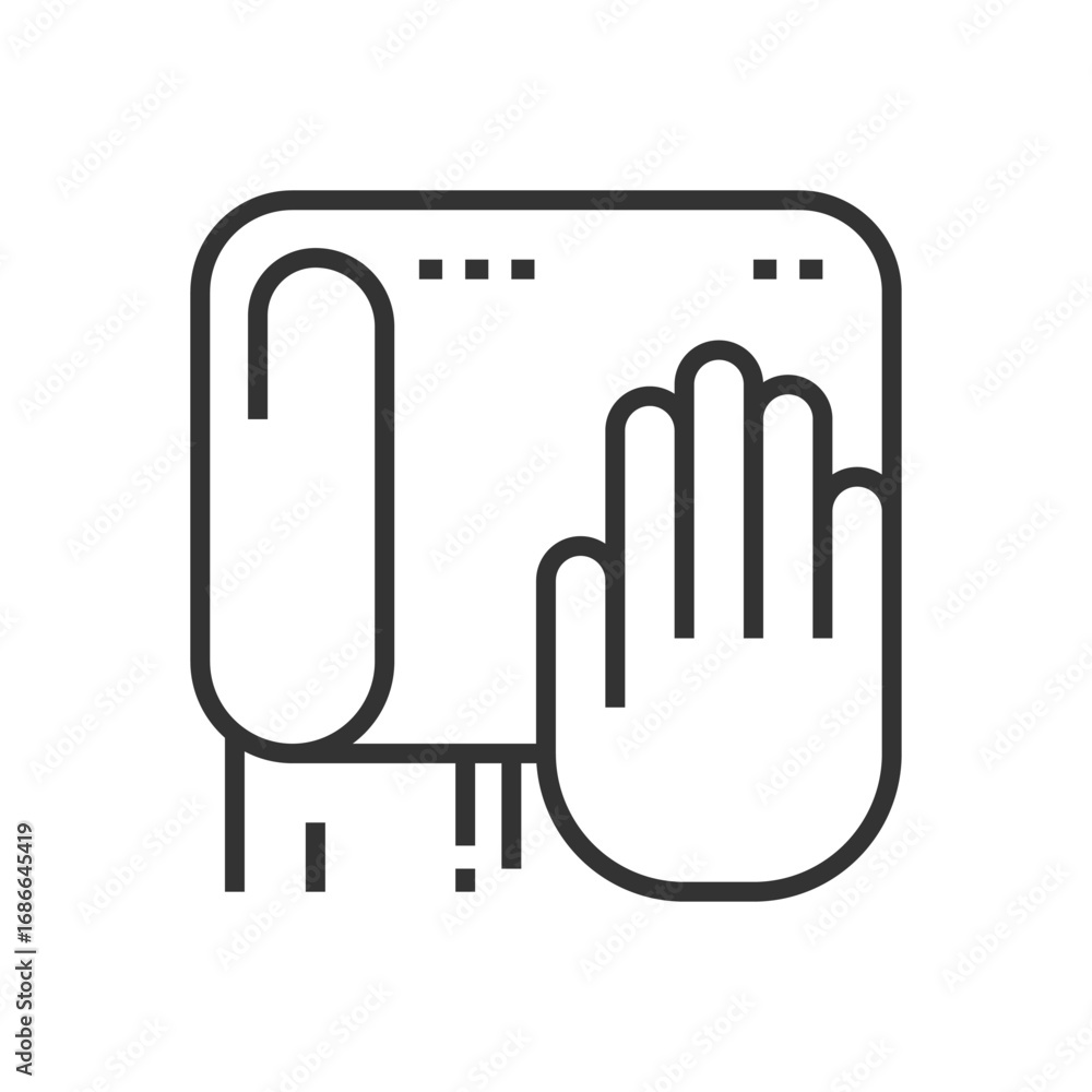 Poster a stylized blackoutlined handprint covers a rectangle with dotted edges next to a vertically curved 