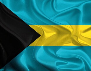 Bahamas flag with aquamarine stripes, gold center, and black triangle symbolizing sea, sun, and strength.