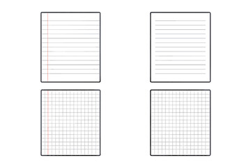 Set of blank paper sheets. Lined and grid paper templates for notebook or notepad. Vector illustration of A4 school writing paper with lines and margin. Isolated mockup pages.