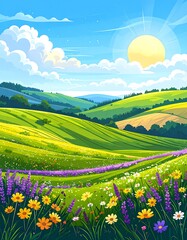 Colorful rolling hills and wildflowers