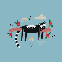 Asian animal kopi luwak lies on a branch coffee cherry