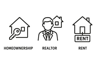 Real estate line icon set. Homeownership, realtor, and rent symbols. Property agent, house key, and for rent sign. Simple outline vector pictogram for web and mobile.