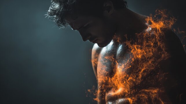 Muscular man stands with fire burning around him in dark setting, physique showing with sweat and impressive abs on dark background