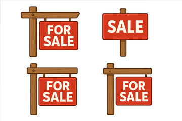 For Sale real estate sign vector collection. Set of red signs for selling property, house, or business. Wooden post signboard cartoon illustration isolated on white background.