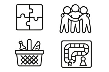 Team building icons set, outline style. Group rewards concept with puzzle pieces, team huddle, picnic basket, board game path. Collaboration, teamwork, leisure vector illustration