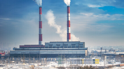 Industrialization, winter city, winter sky in the industrial zone.