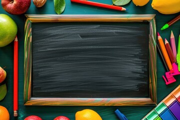 High Quality Image of Top View Back to School with Chalkboard