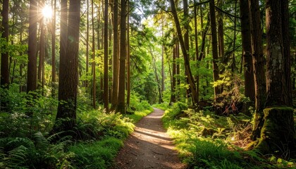 Sunlit Forest Path Through Lush Green Woods